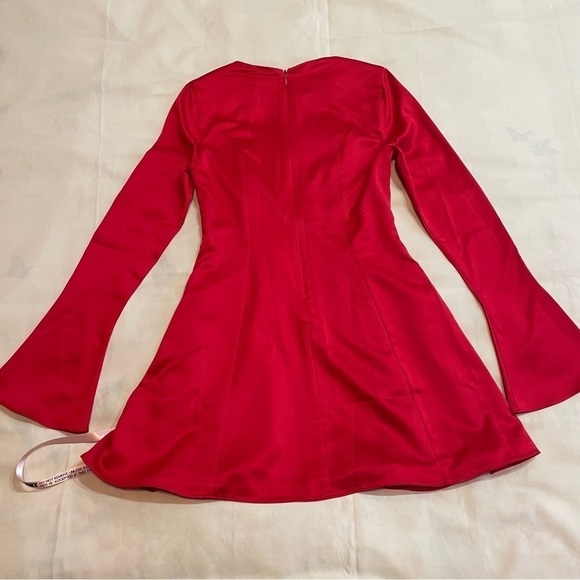 NEW! House of CB- Sacha Red Satin Mini Dress Long Flute Sleeve Round Neck Size S - Picture 8 of 13
